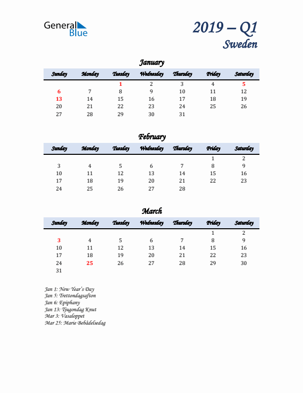 January, February, and March Calendar for Sweden with Sunday Start