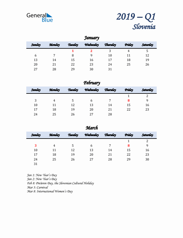 January, February, and March Calendar for Slovenia with Sunday Start