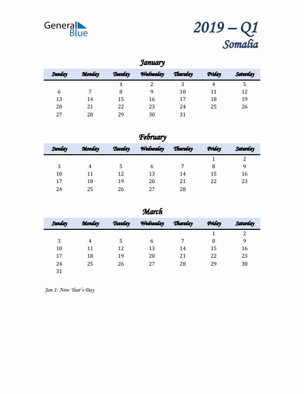 January, February, and March Calendar for Somalia with Sunday Start