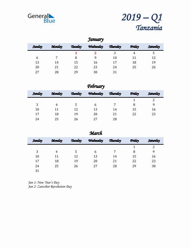 January, February, and March Calendar for Tanzania with Sunday Start