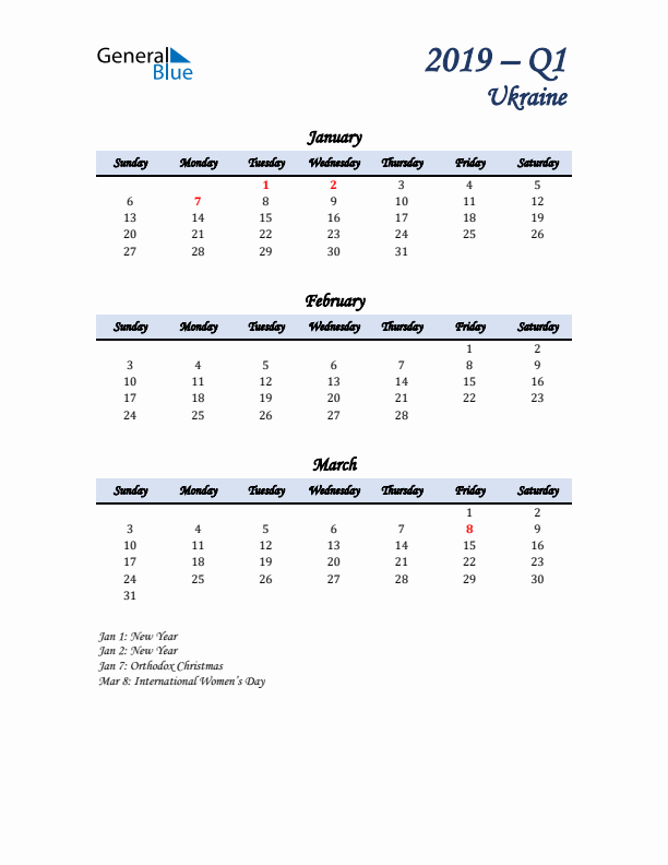 January, February, and March Calendar for Ukraine with Sunday Start