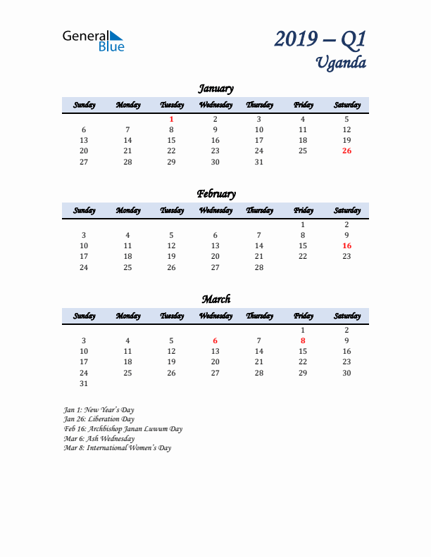 January, February, and March Calendar for Uganda with Sunday Start