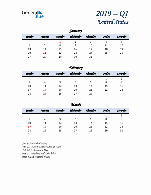 January, February, and March Calendar for United States with Sunday Start