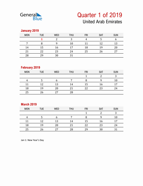 Printable Three Month Calendar with United Arab Emirates Holidays