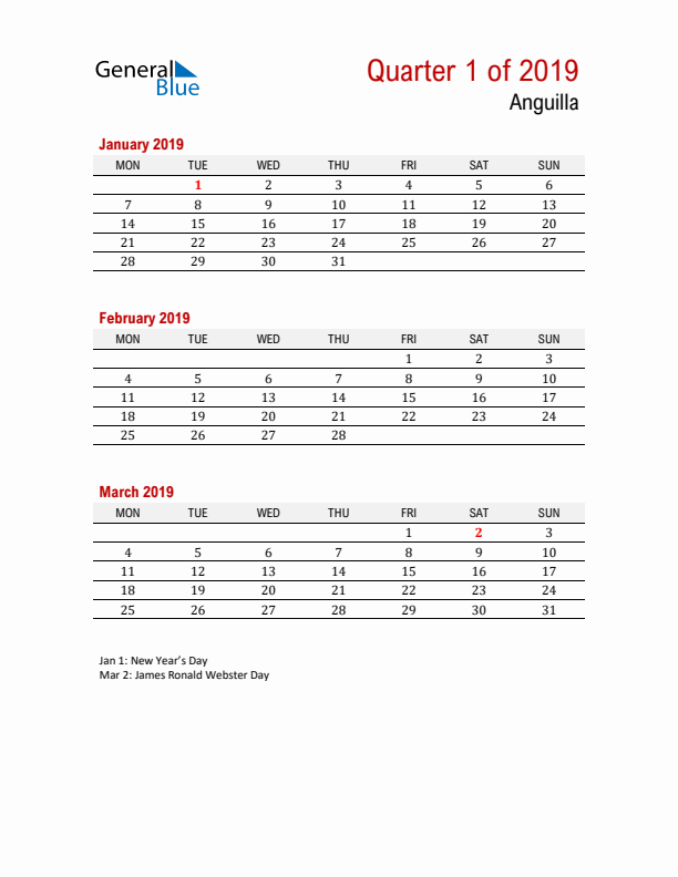 Printable Three Month Calendar with Anguilla Holidays