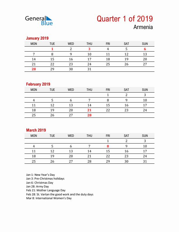 Printable Three Month Calendar with Armenia Holidays