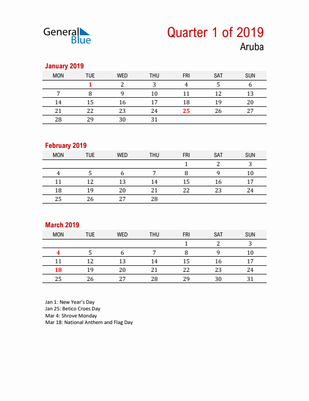 Printable Three Month Calendar with Aruba Holidays