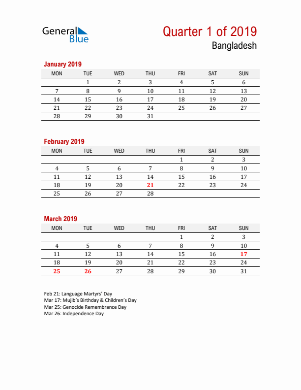 Printable Three Month Calendar with Bangladesh Holidays