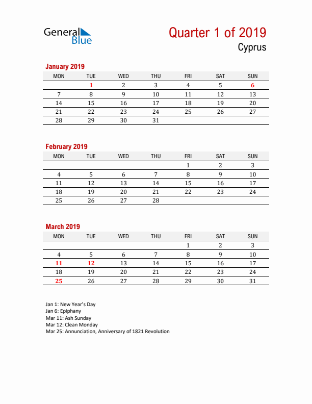 Printable Three Month Calendar with Cyprus Holidays