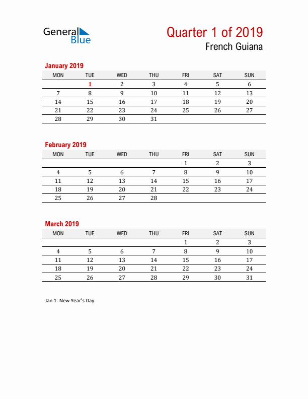 Printable Three Month Calendar with French Guiana Holidays