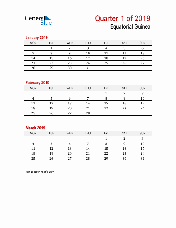 Printable Three Month Calendar with Equatorial Guinea Holidays