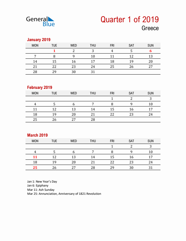 Printable Three Month Calendar with Greece Holidays