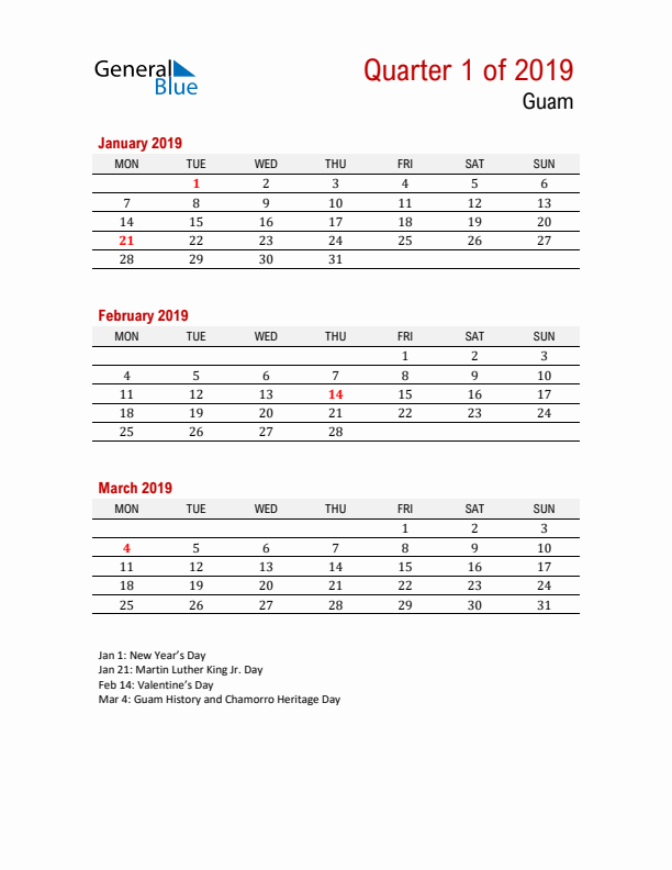 Printable Three Month Calendar with Guam Holidays