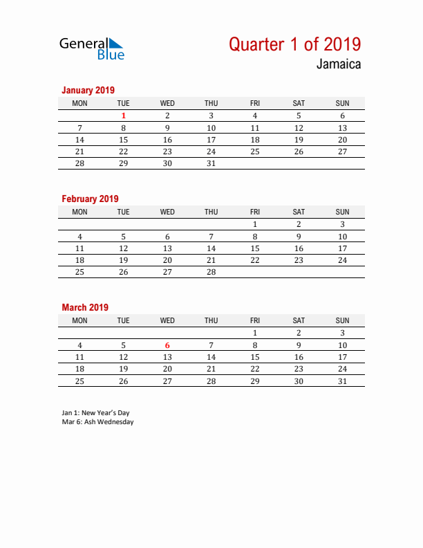 Printable Three Month Calendar with Jamaica Holidays