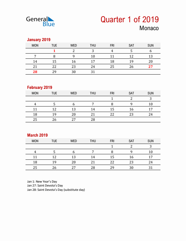 Printable Three Month Calendar with Monaco Holidays