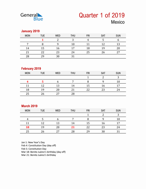 Printable Three Month Calendar with Mexico Holidays