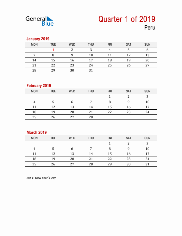 Printable Three Month Calendar with Peru Holidays