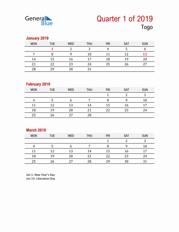 Printable Three Month Calendar with Togo Holidays