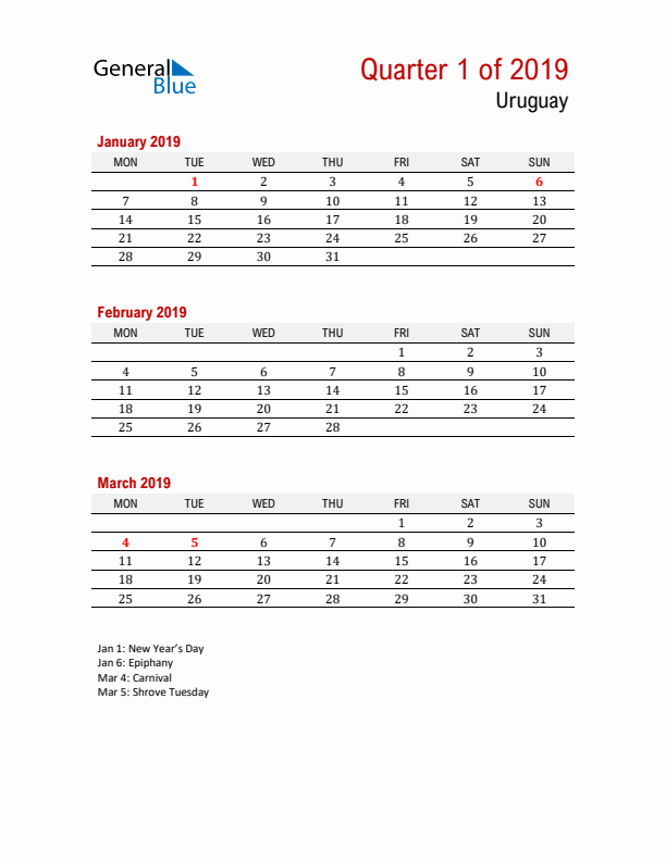 Printable Three Month Calendar with Uruguay Holidays