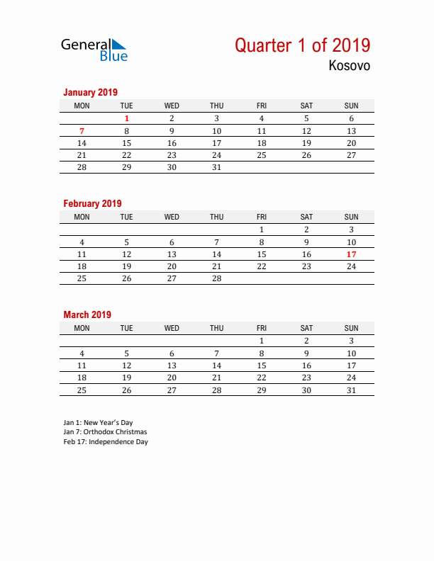 Printable Three Month Calendar with Kosovo Holidays