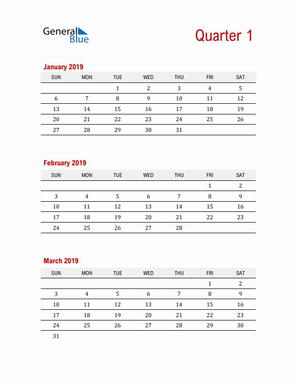 Three-Month Printable Calendar 2019