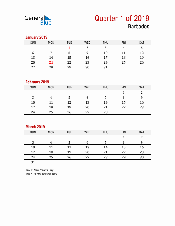 Printable Three Month Calendar with Barbados Holidays