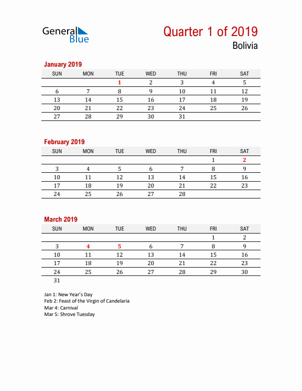 Printable Three Month Calendar with Bolivia Holidays