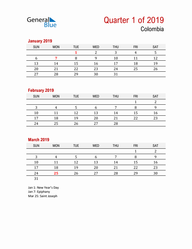 Printable Three Month Calendar with Colombia Holidays