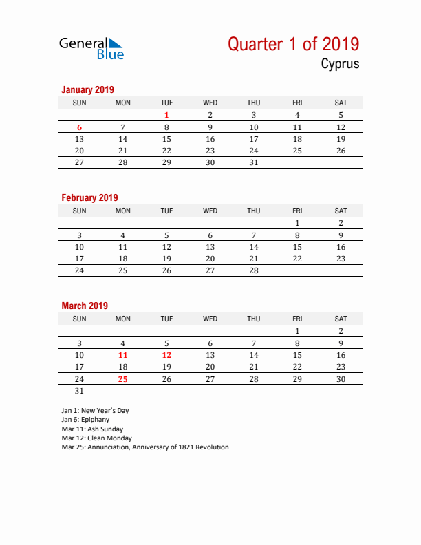 Printable Three Month Calendar with Cyprus Holidays