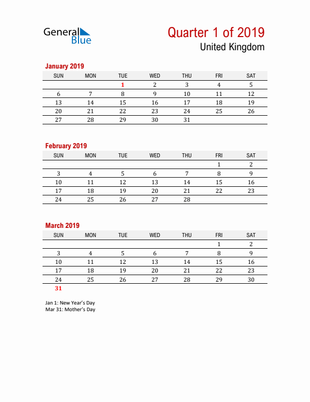 Printable Three Month Calendar with United Kingdom Holidays