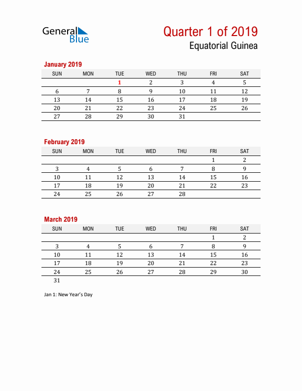 Printable Three Month Calendar with Equatorial Guinea Holidays