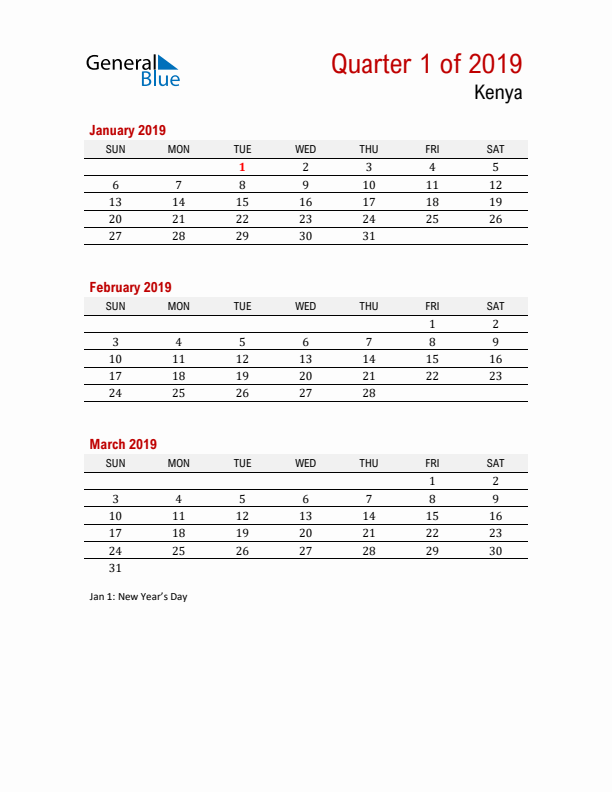 Printable Three Month Calendar with Kenya Holidays