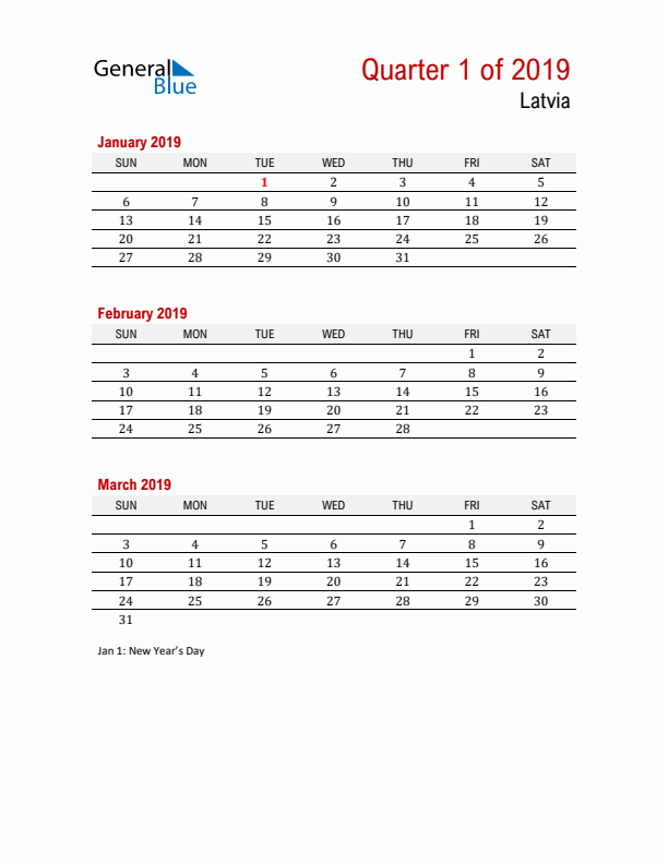 Printable Three Month Calendar with Latvia Holidays