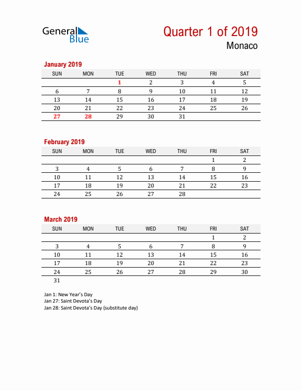 Printable Three Month Calendar with Monaco Holidays