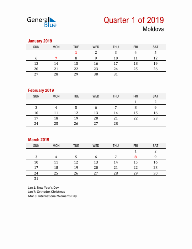 Printable Three Month Calendar with Moldova Holidays