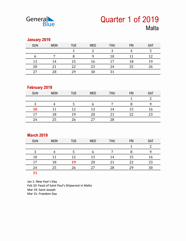 Printable Three Month Calendar with Malta Holidays