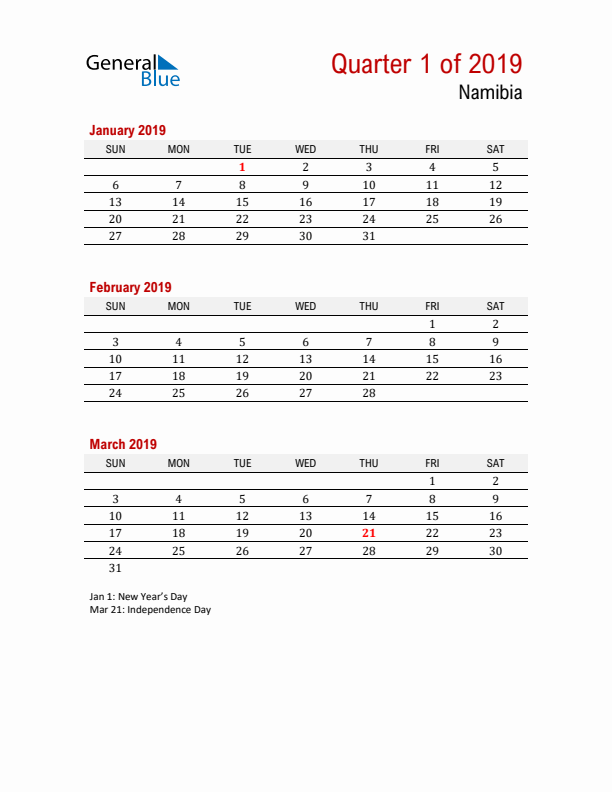 Printable Three Month Calendar with Namibia Holidays