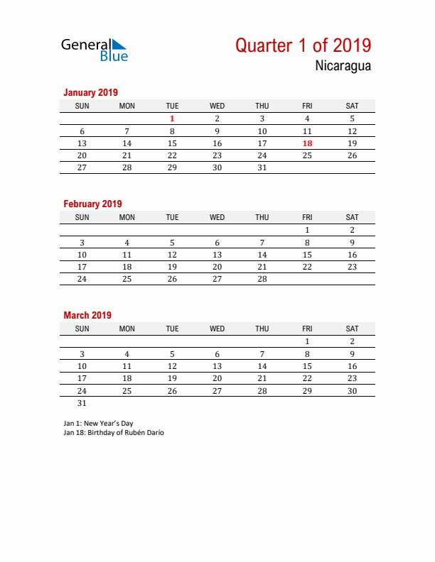 Printable Three Month Calendar with Nicaragua Holidays