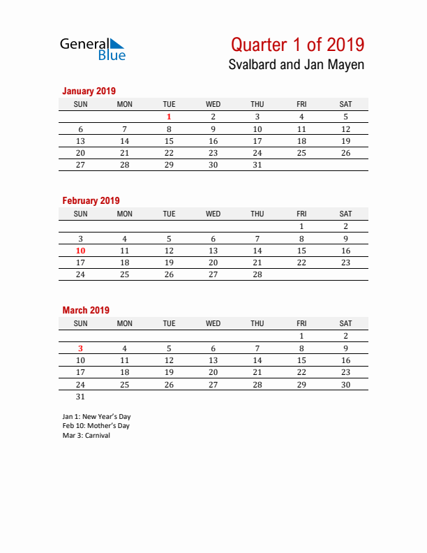 Printable Three Month Calendar with Svalbard and Jan Mayen Holidays