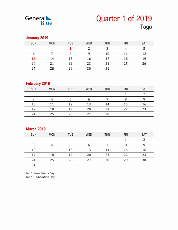 Printable Three Month Calendar with Togo Holidays