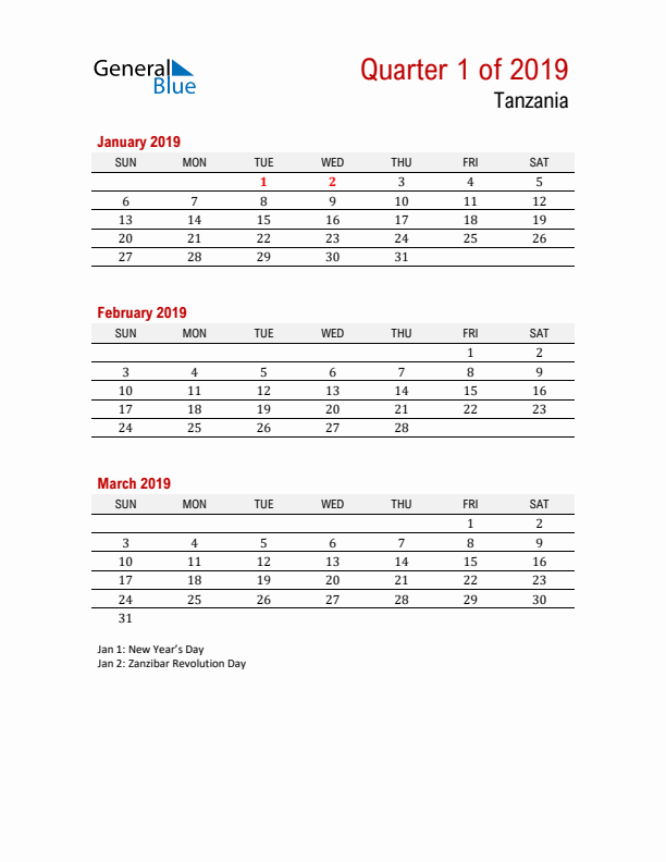 Printable Three Month Calendar with Tanzania Holidays