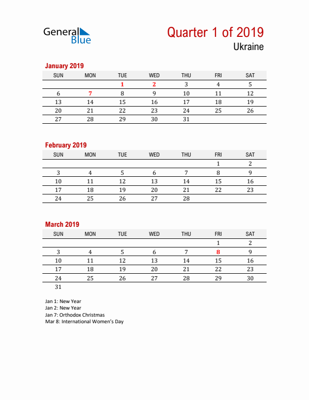 Printable Three Month Calendar with Ukraine Holidays