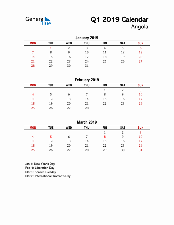 2019 Q1 Calendar with Holidays List for Angola