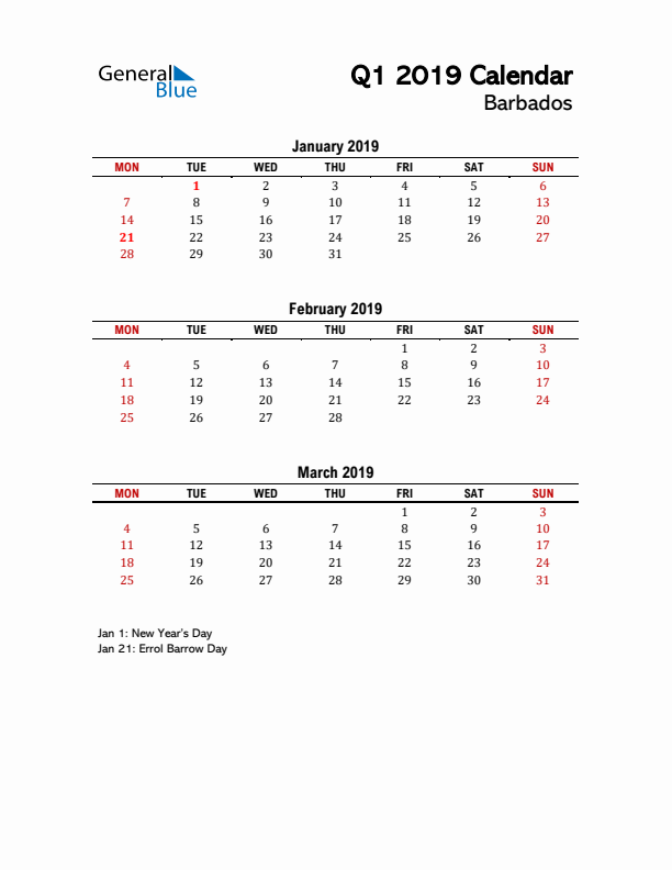 2019 Q1 Calendar with Holidays List for Barbados