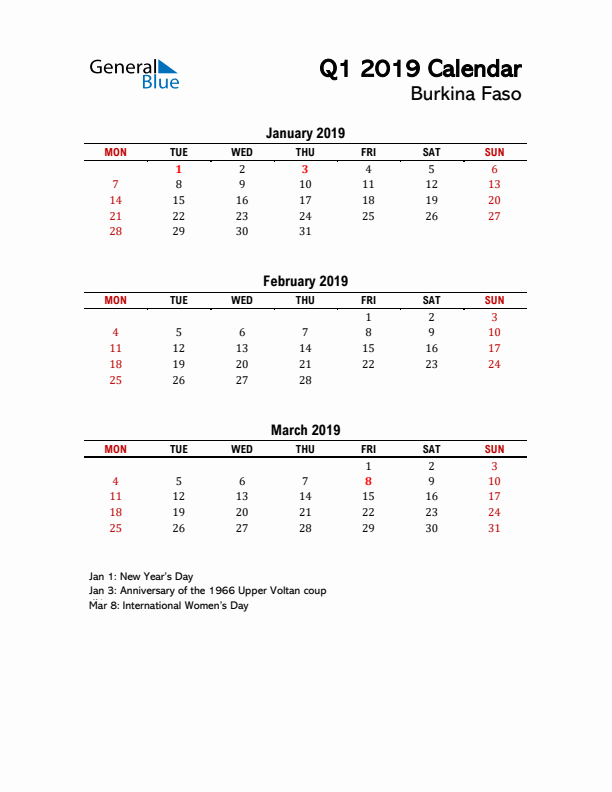 2019 Q1 Calendar with Holidays List for Burkina Faso