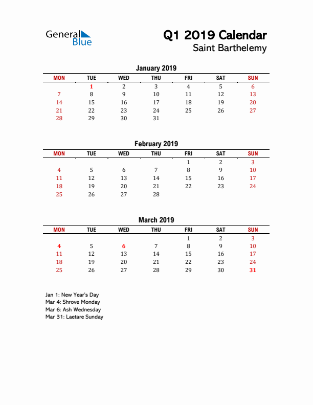 2019 Q1 Calendar with Holidays List for Saint Barthelemy