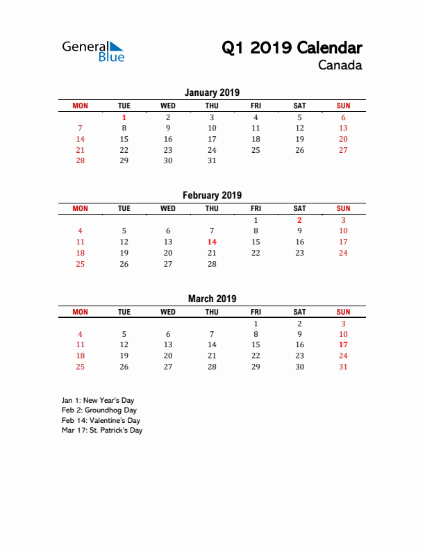 2019 Q1 Calendar with Holidays List for Canada