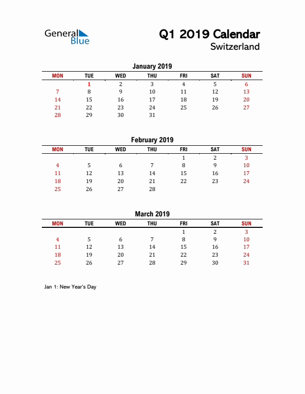 2019 Q1 Calendar with Holidays List for Switzerland