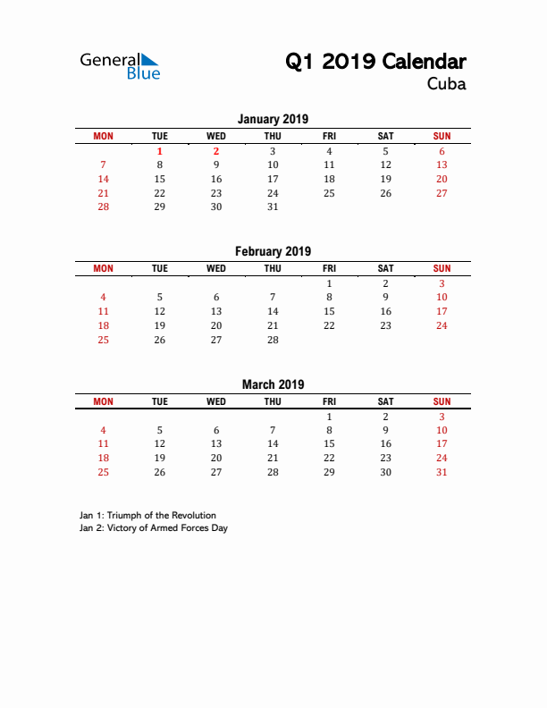 2019 Q1 Calendar with Holidays List for Cuba