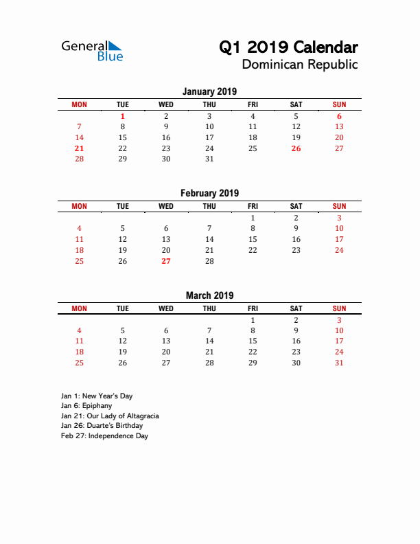 2019 Q1 Calendar with Holidays List for Dominican Republic